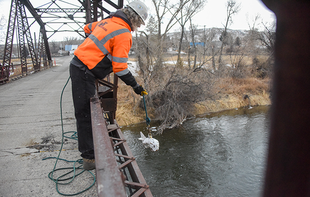 A water sample is taken from the Missouri River at Toston Bridge.